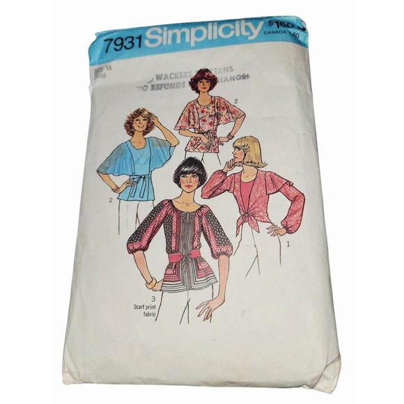 Simplicity Other - Vintage Simplicity 7931 Misses‎ Blouse Sewing Pattern Size 14 Boho 1970s Cut